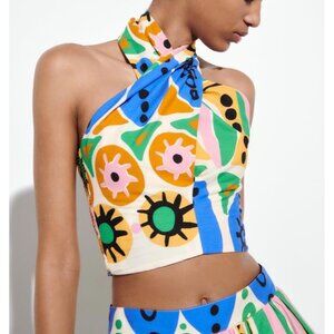 Zara Multicolor Abstract Print Halter Crop Top Sleeveless Elastic Back Cotton L